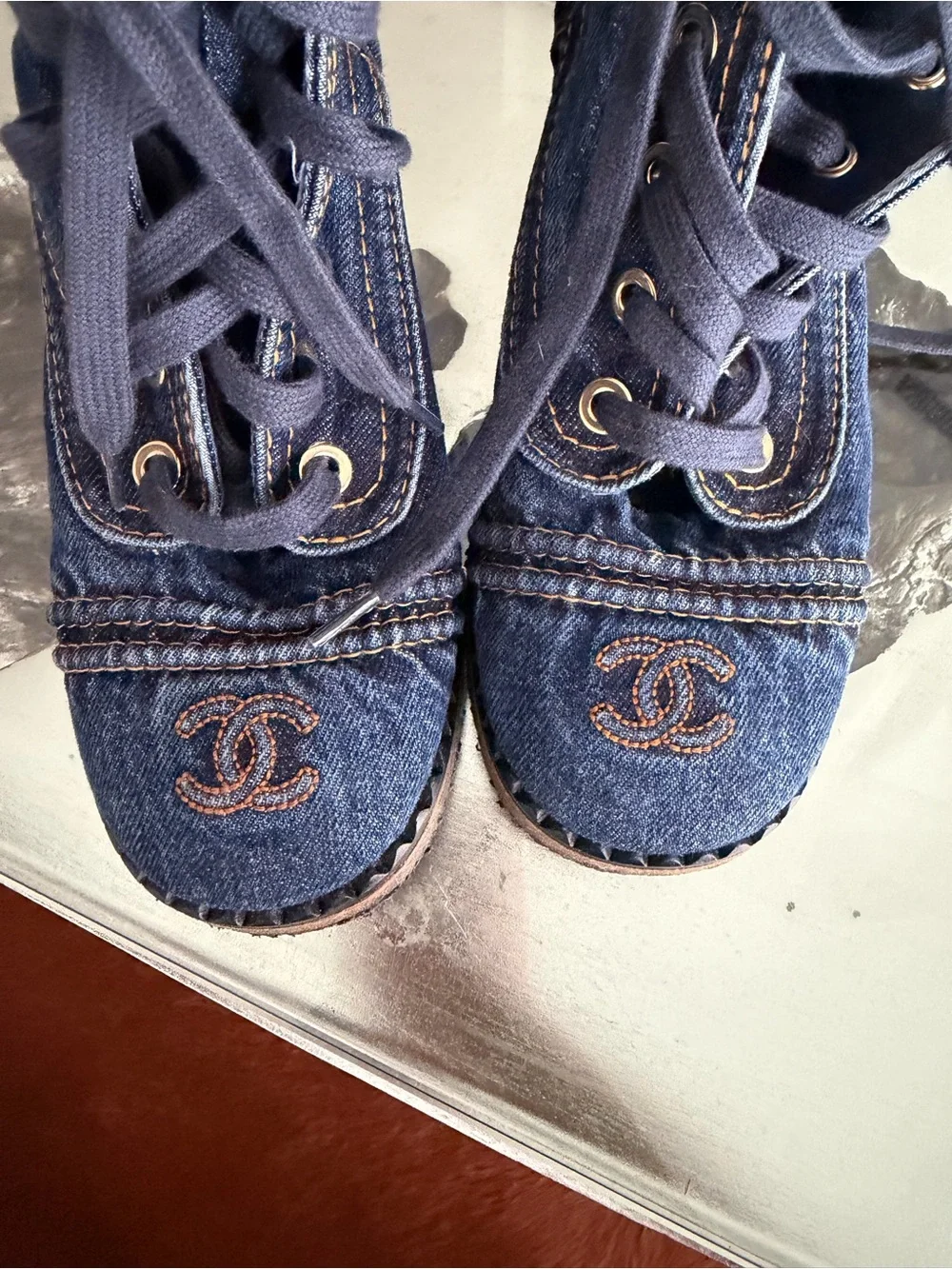 CHANEL combat Denim Lace-Up Sneakers in Dark Blue with Contrasting Stitching